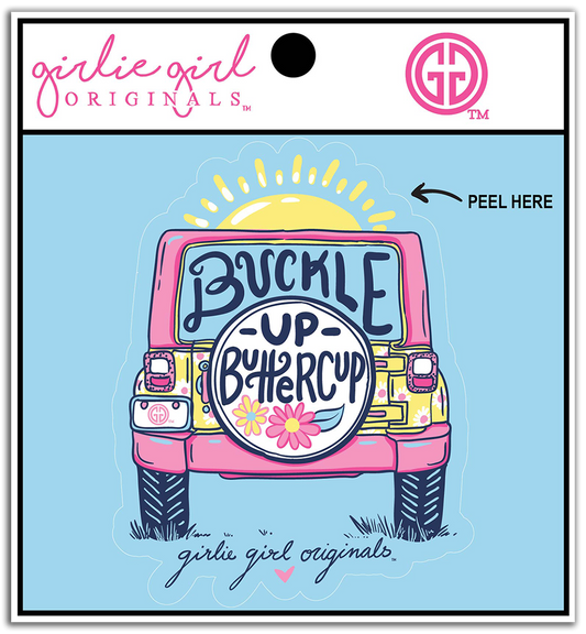 Sticker with a pink car, sun, and text 'Buckle Up Buttercup' on a blue background, featuring the 'Girlie Girl Originals' brand.