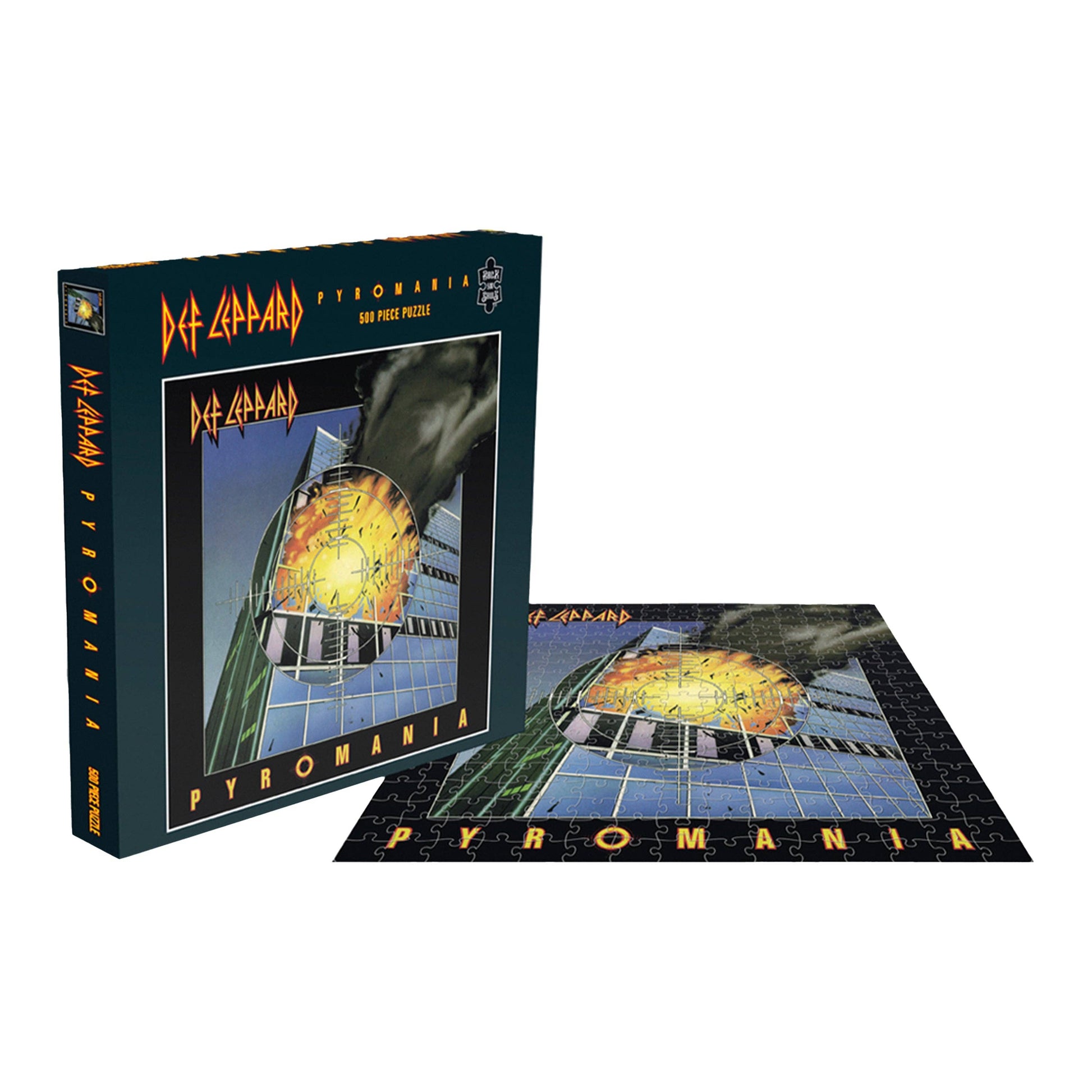 Def Leppard 'Pyromania' puzzle with packaging on a white background