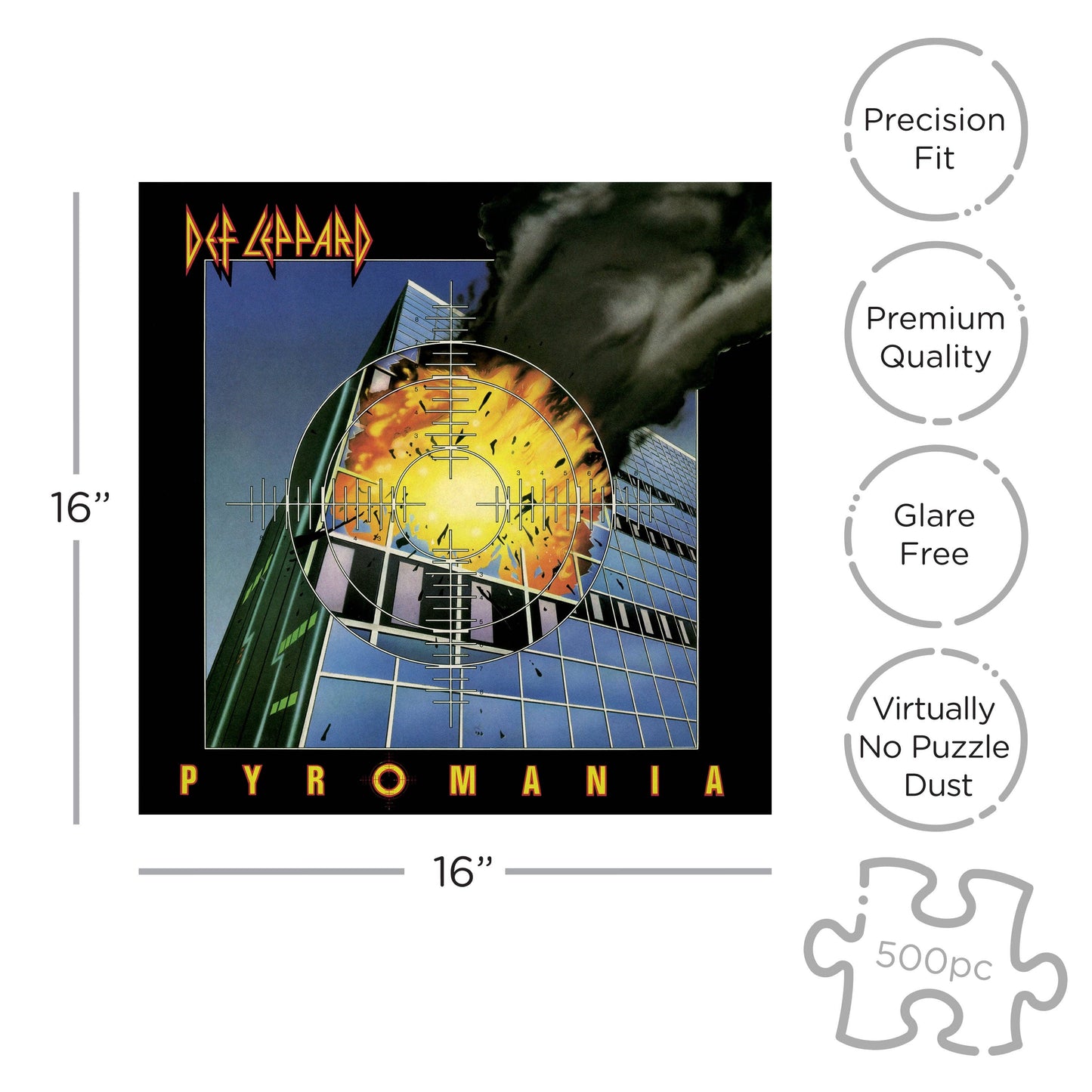 Jigsaw puzzle packaging featuring the album cover of Def Leppard's 'Pyromania' with dimensions and quality features listed.