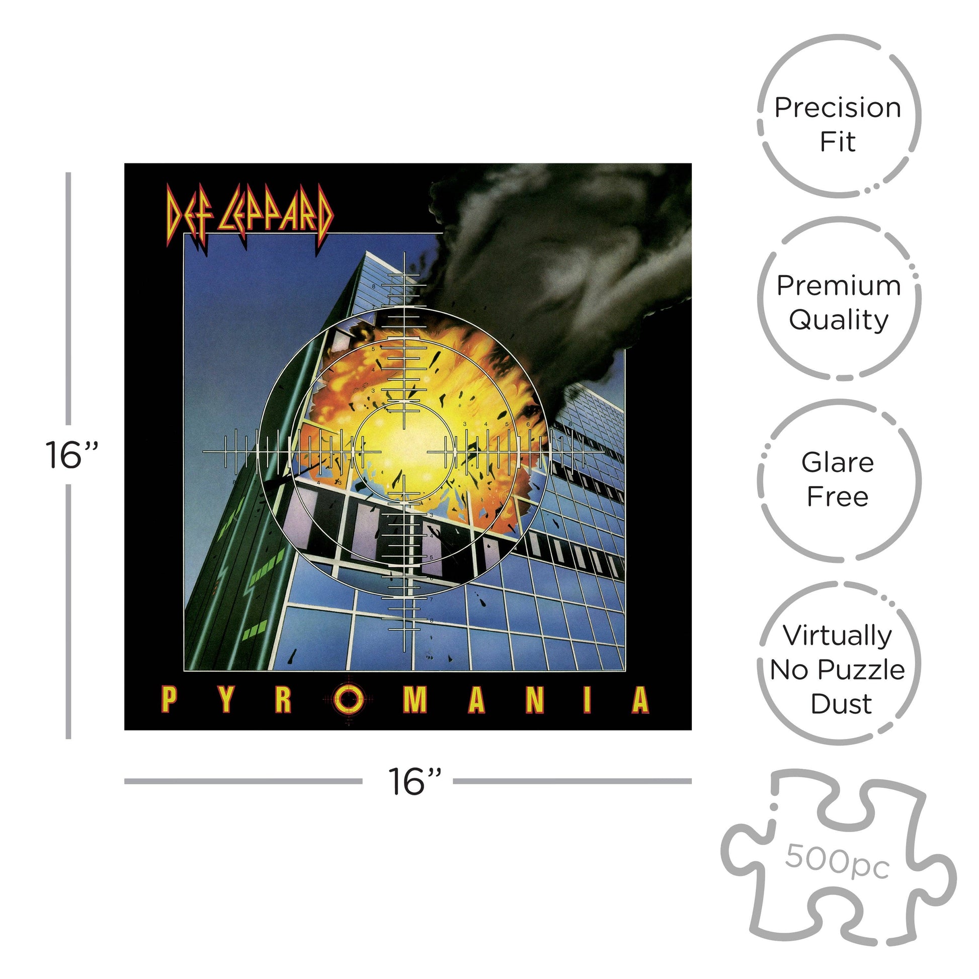 Jigsaw puzzle packaging featuring the album cover of Def Leppard's 'Pyromania' with dimensions and quality features listed.