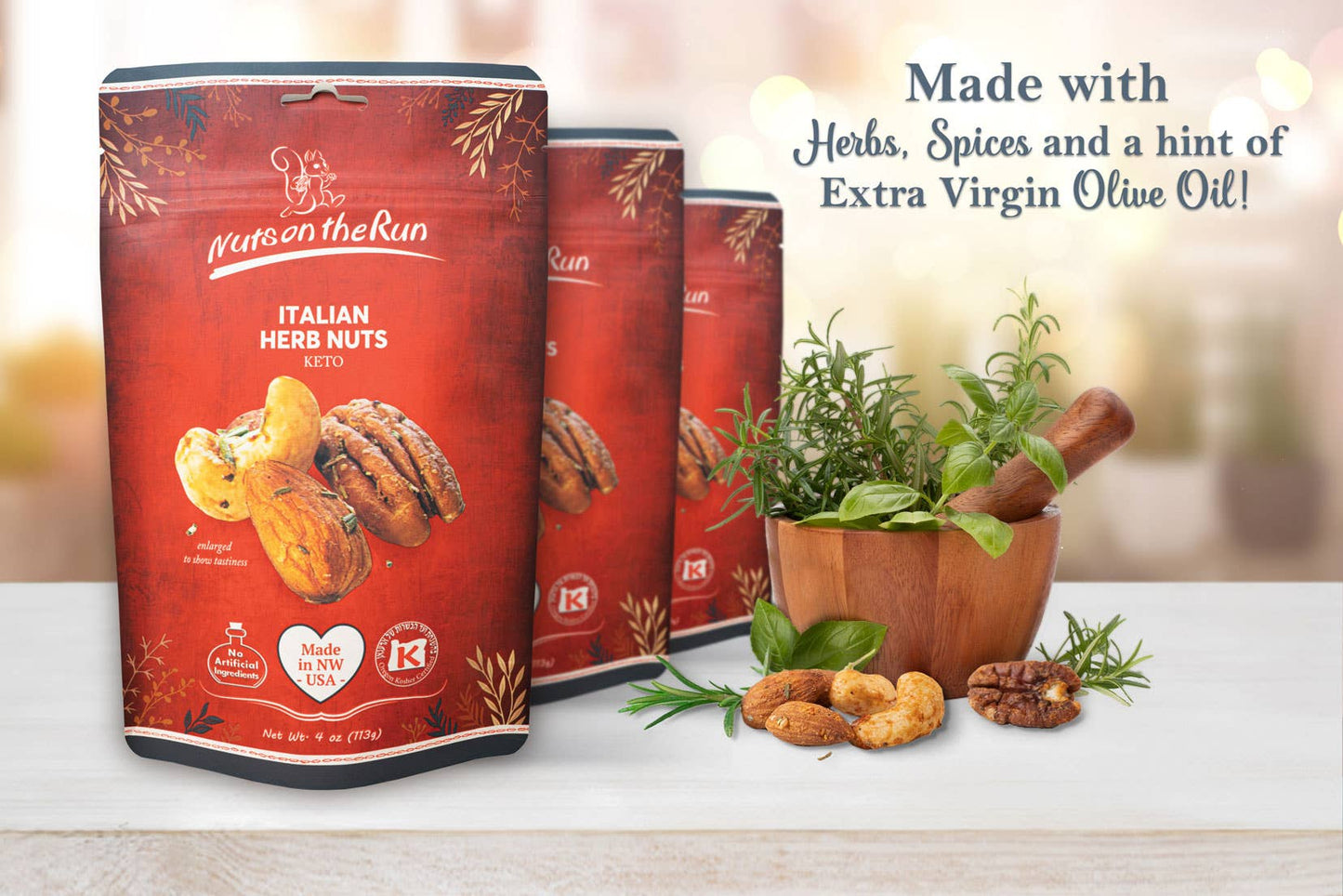 Three red containers of 'Nuts on the Run' Italian Herb Nuts with a wooden mortar and pestle, herbs, and nuts on a blurred background.