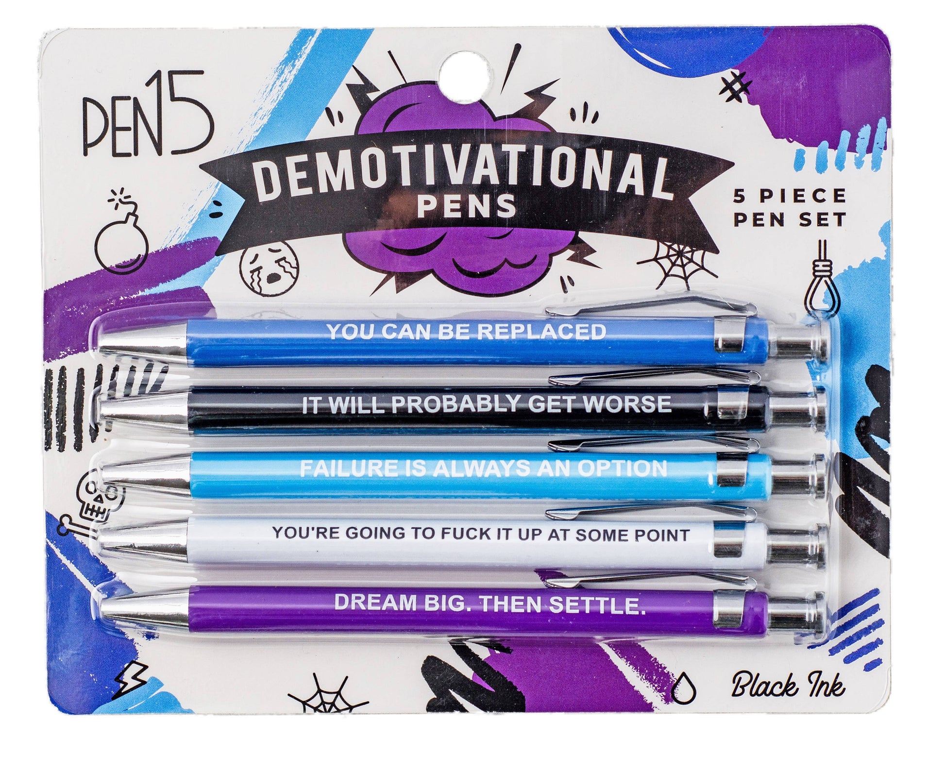 Packaged set of 'Demotivational Pens' with humorous sayings on a colorful background.