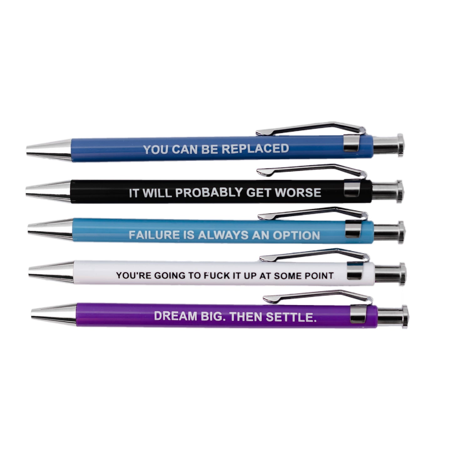 Set of pens with motivational quotes on a white background