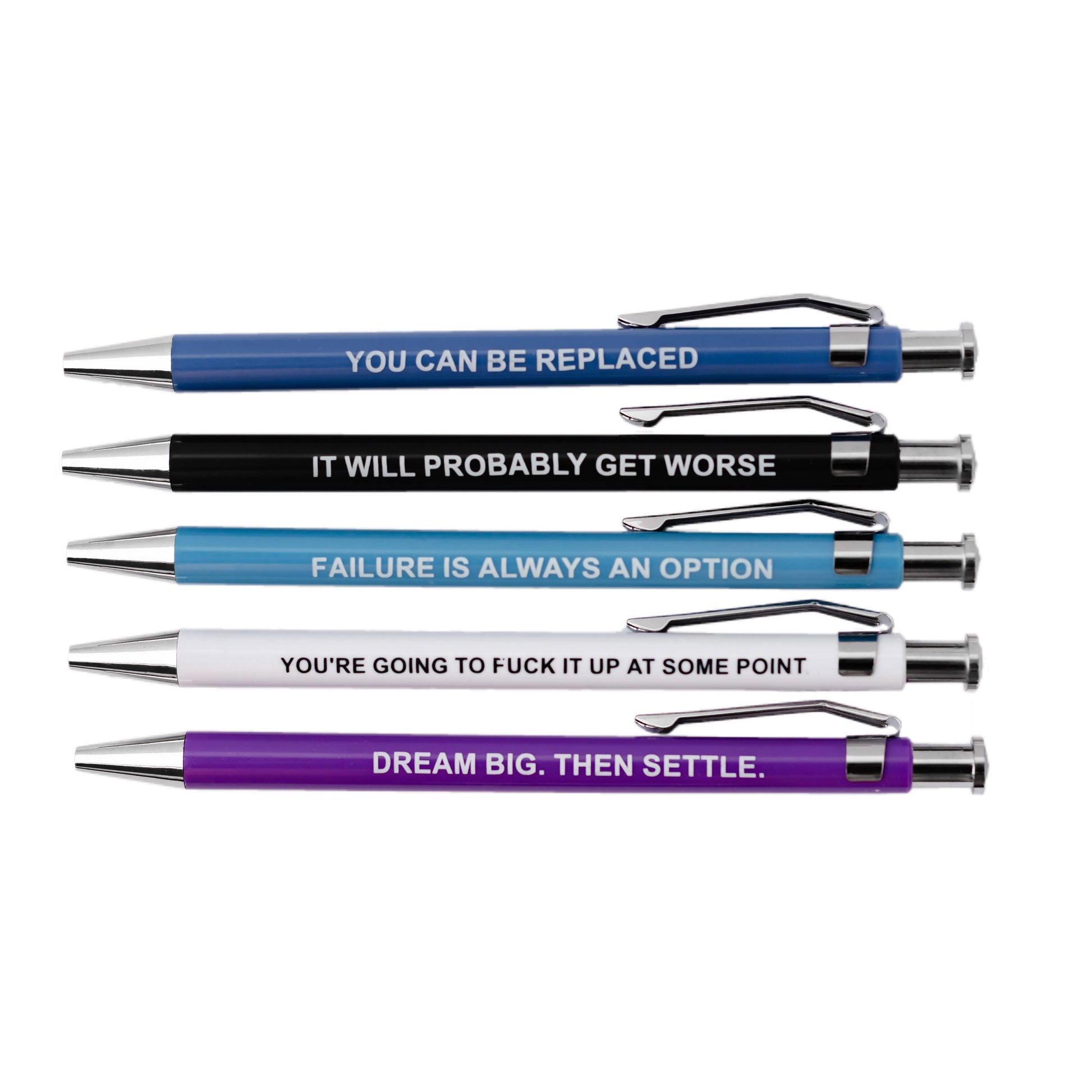 Set of pens with motivational quotes on a white background