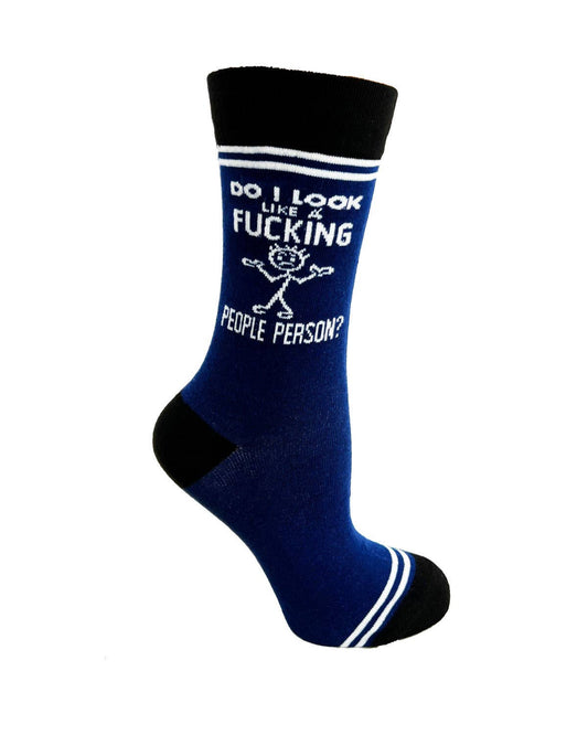 Blue sock with black accents and text on a white background