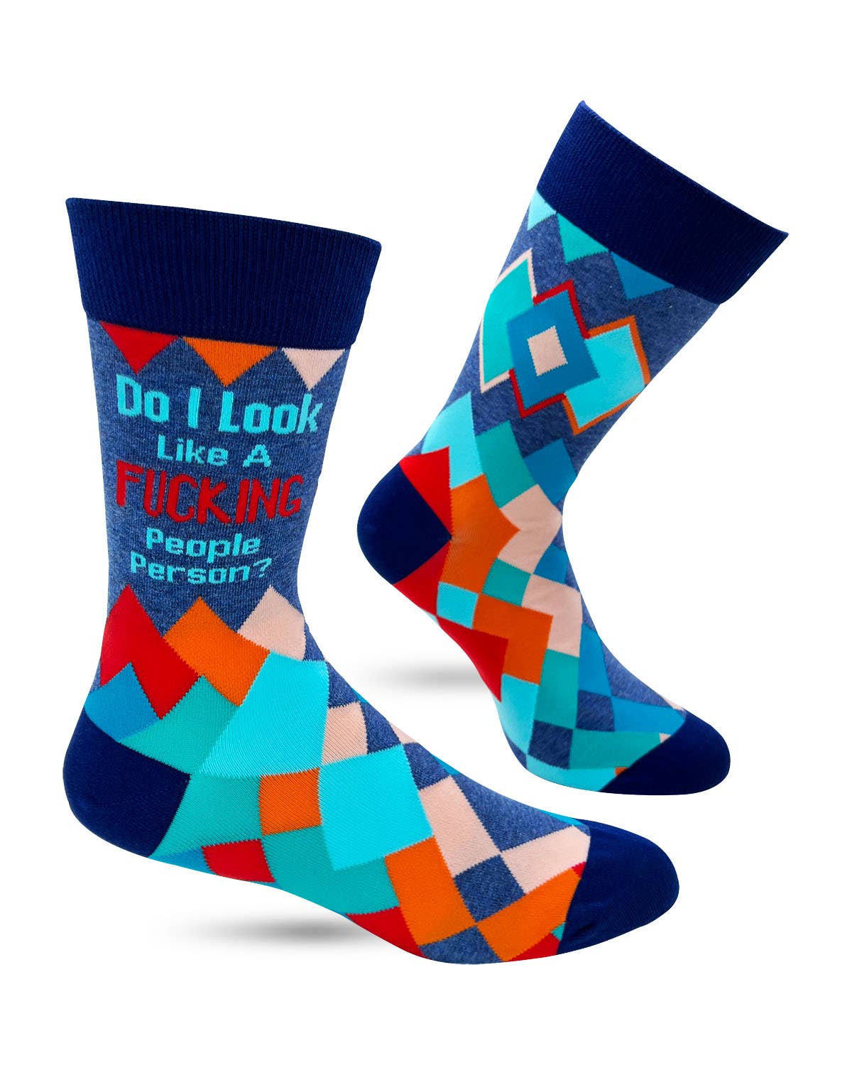 Colorful socks with geometric pattern and text on a white background