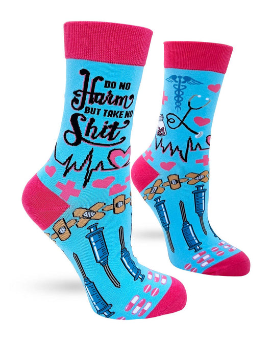 Blue socks with pink accents and medical-themed designs on a white background