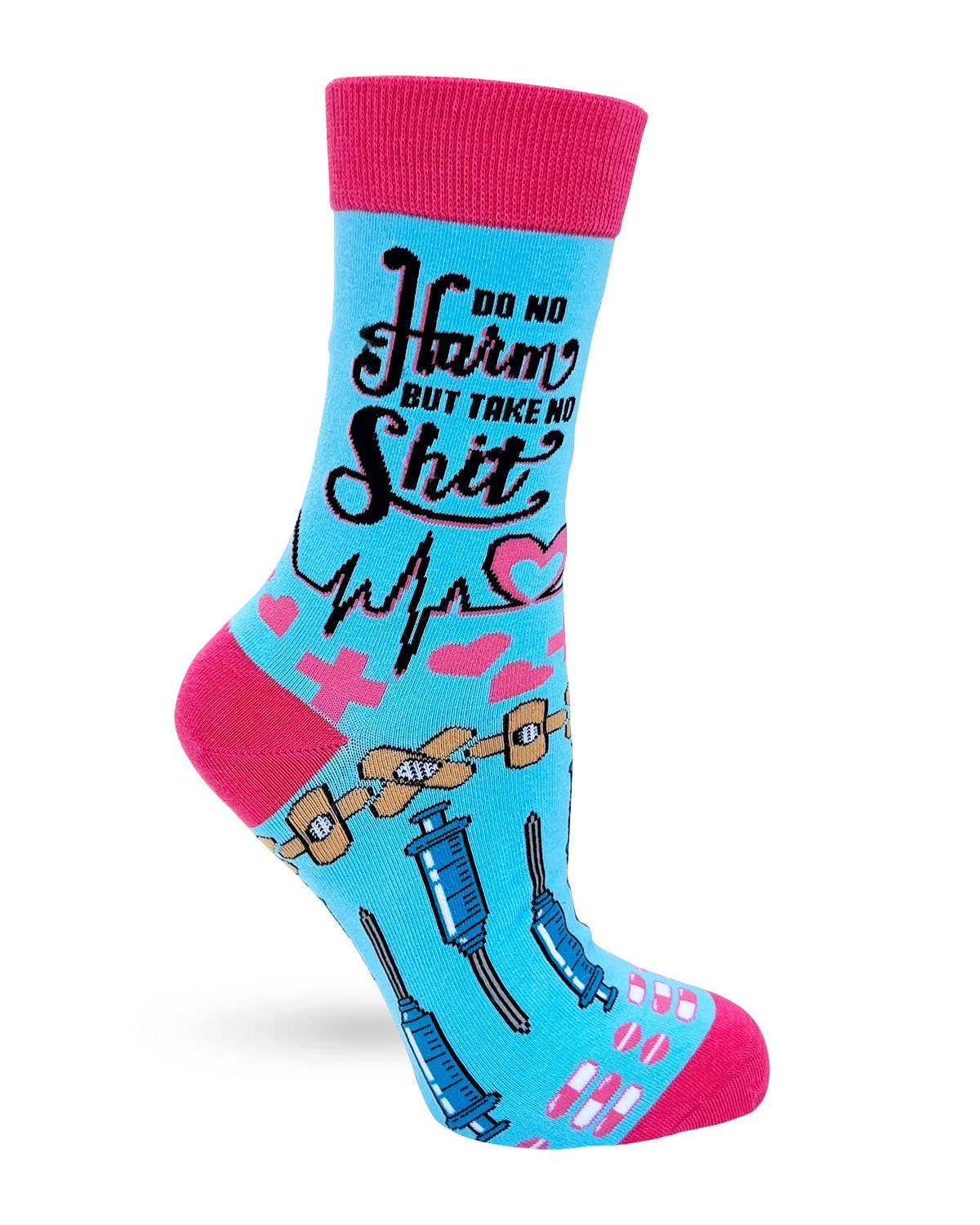 Blue sock with pink accents and text on a white background