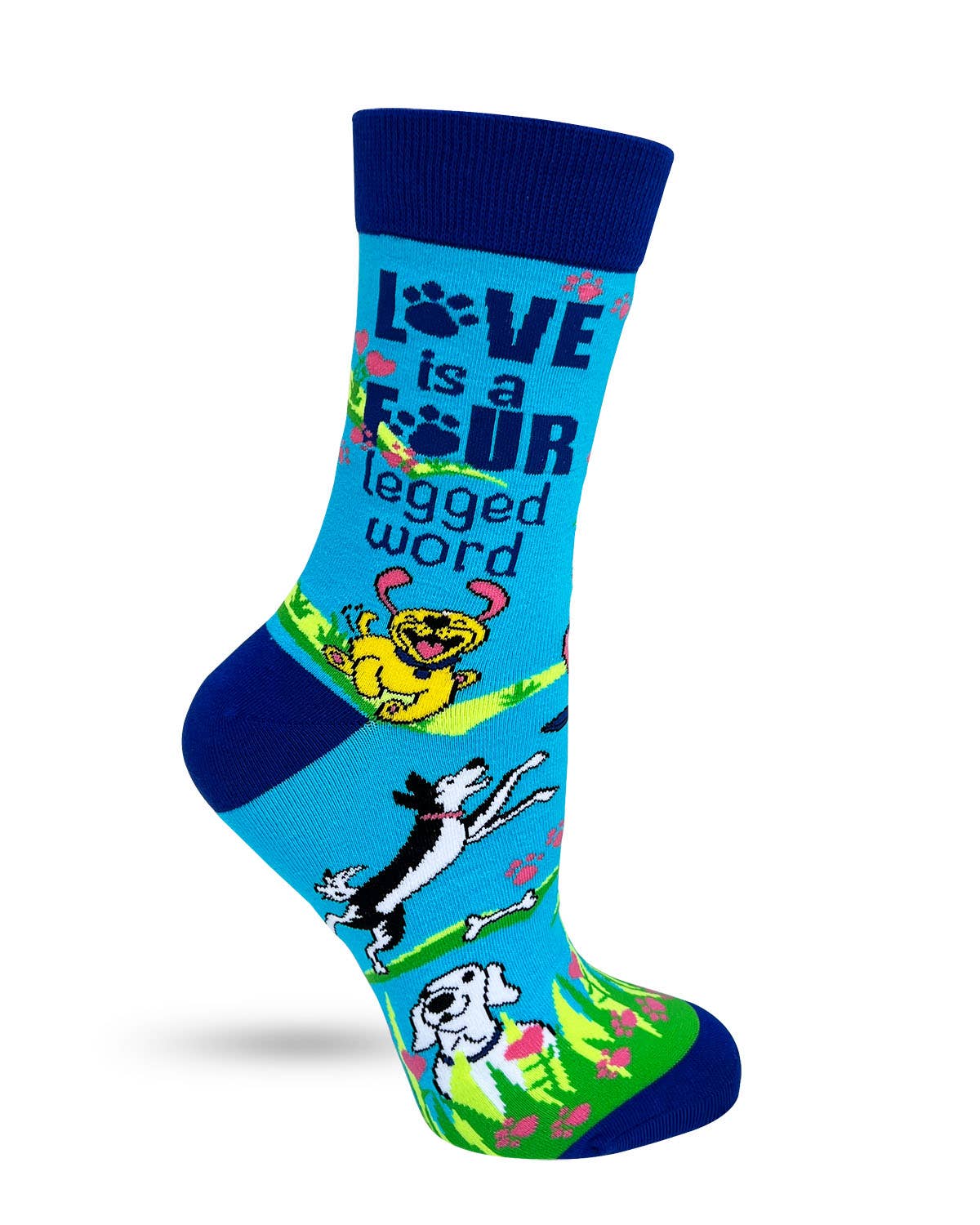 Colorful sock with dog illustrations and text on a white background