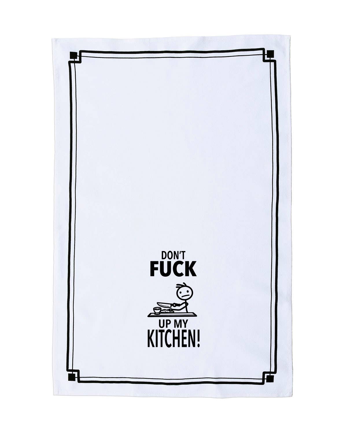 White towel with black text and graphic design on a white background