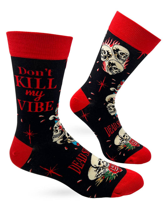 Black socks with red accents featuring skull designs and text on a white background