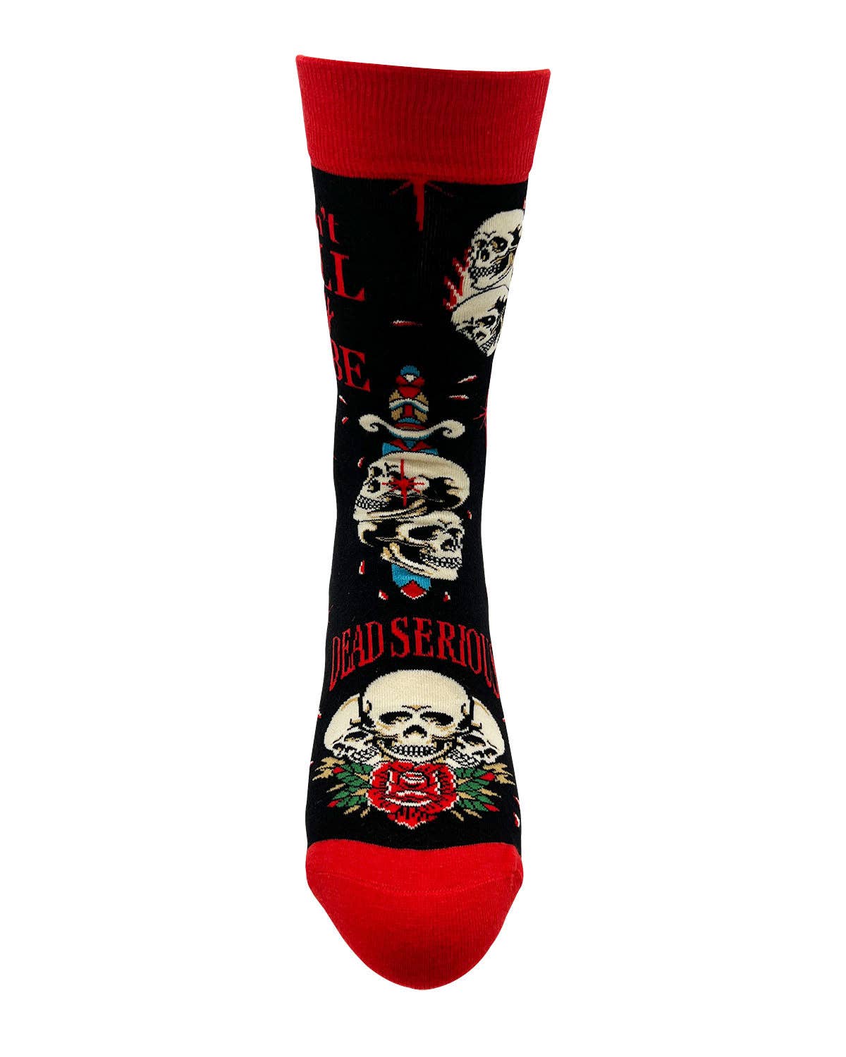 Sock with skull design and red accents on a white background