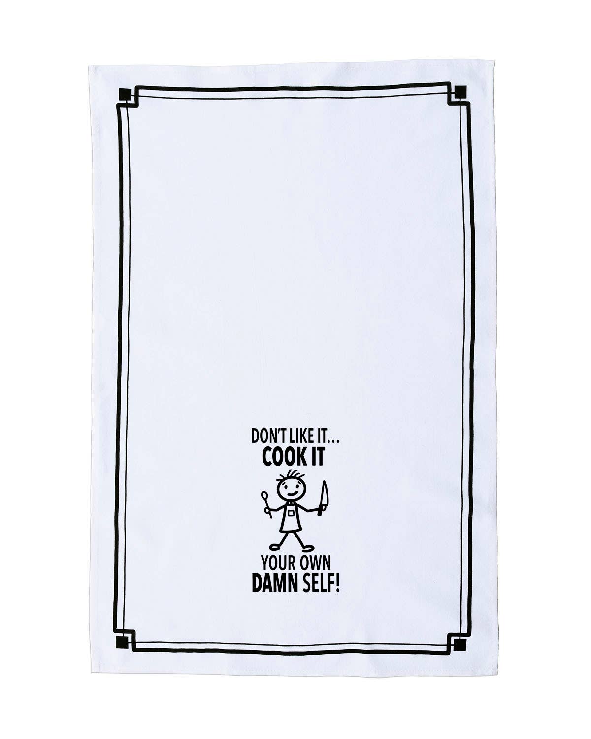 White towel with black text and stick figure design on a white background