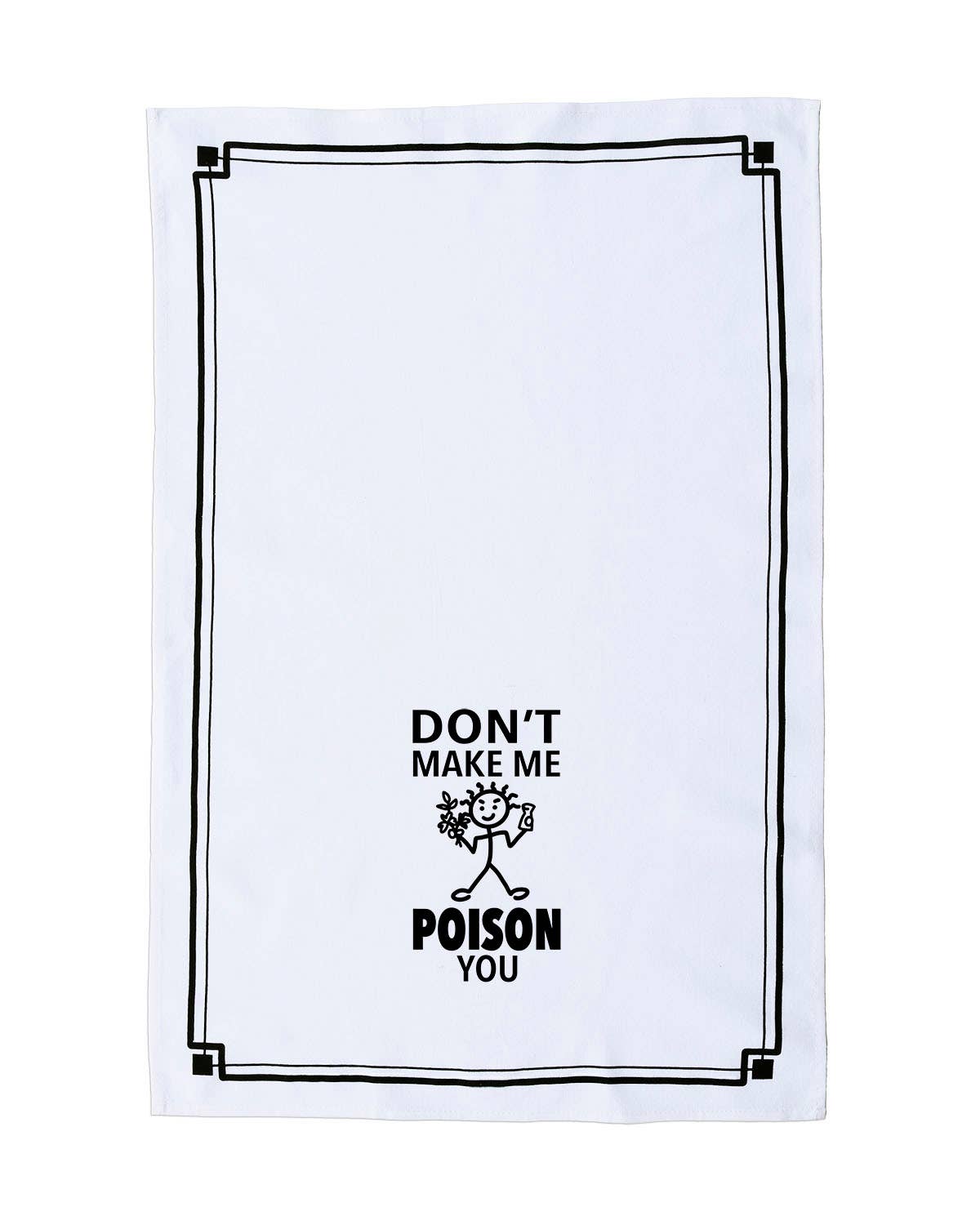 White towel with black text and graphic design on a white background