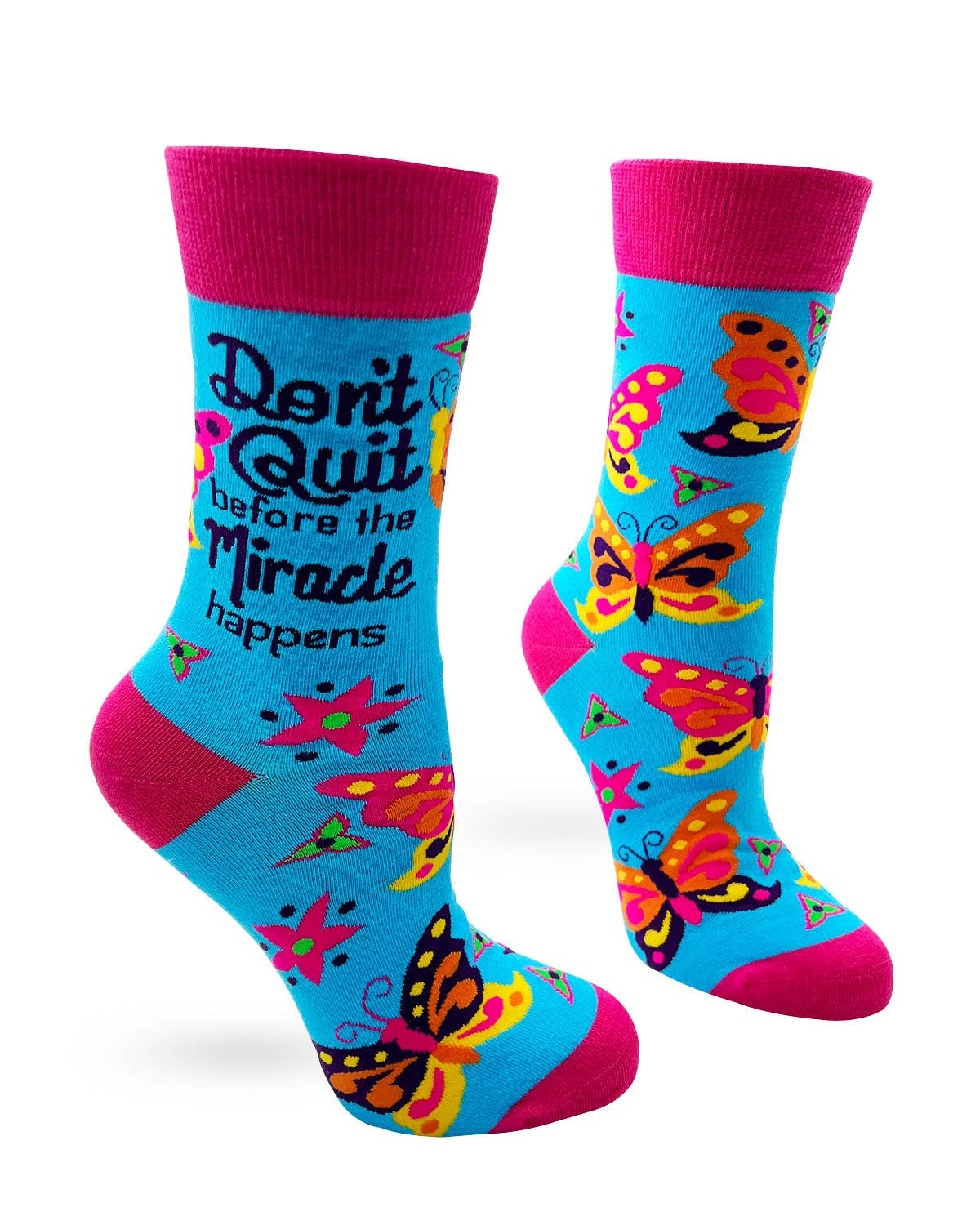Colorful socks with butterfly designs and motivational text on a white background
