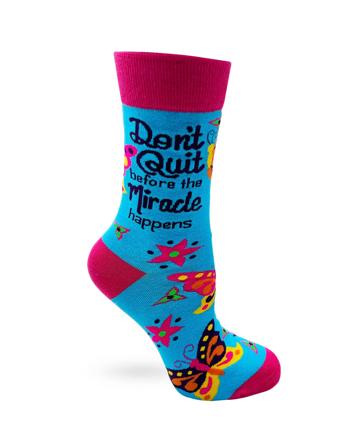 Colorful sock with motivational text and butterfly designs on a white background