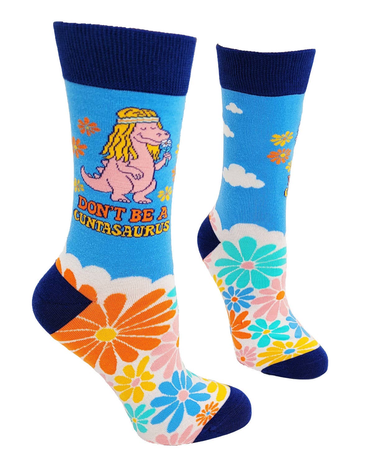 Colorful socks with a dinosaur graphic and floral design on a white background