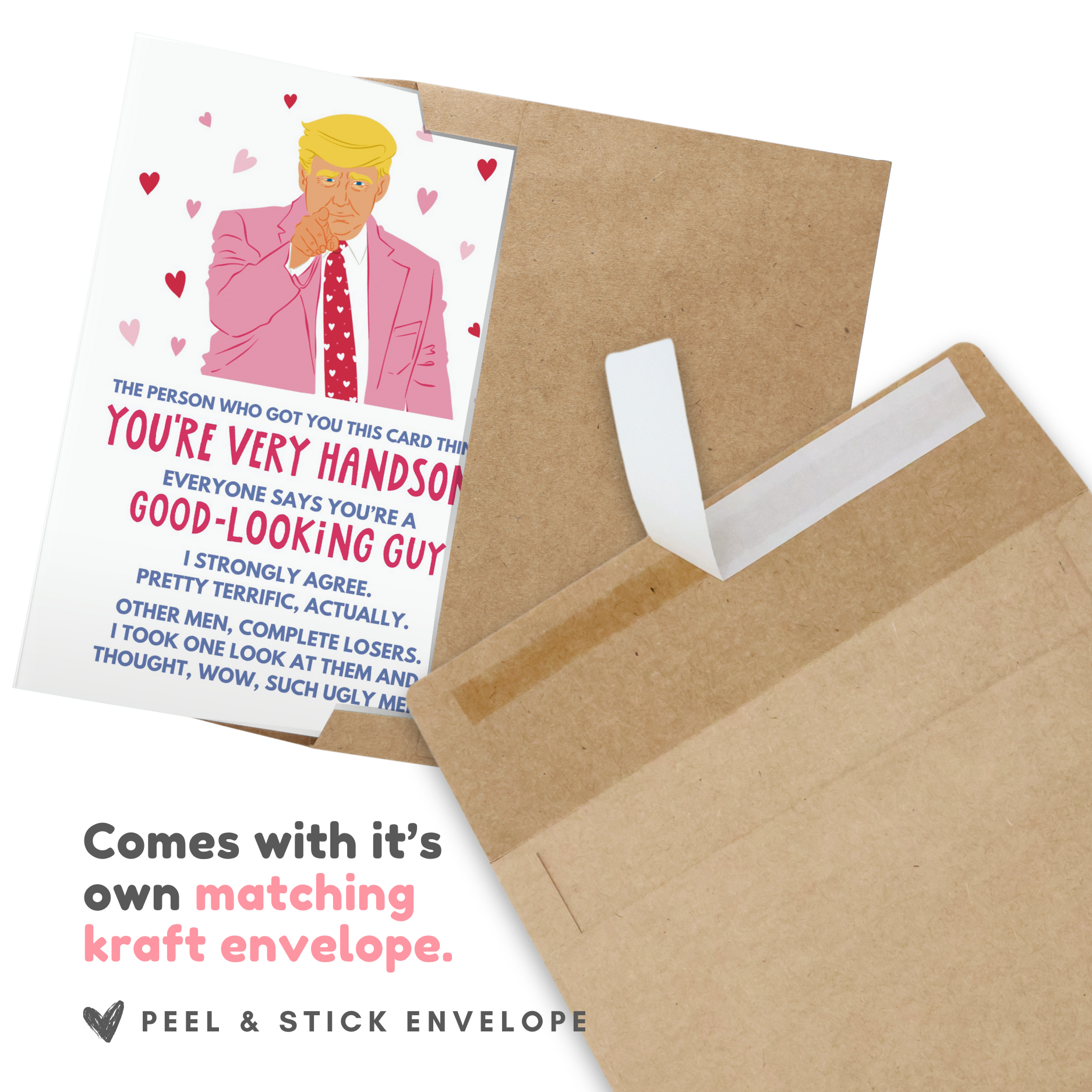Card with humorous text and illustration of a man, paired with a matching kraft envelope.