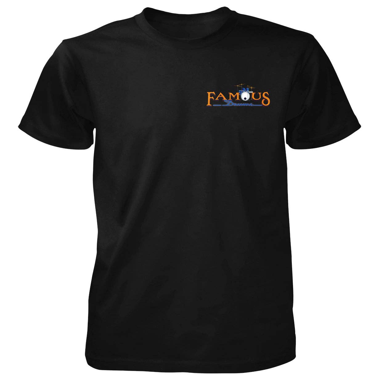 Black t-shirt with 'FAMOUS' logo on a white background
