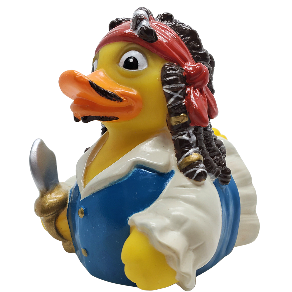 Pirate-themed rubber duck with a sword on a white background