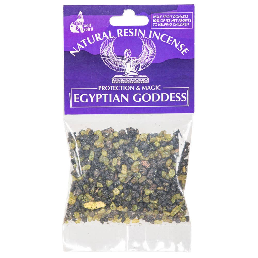 Packaged natural resin incense labeled 'Egyptian Goddess' with a purple label on a white background.