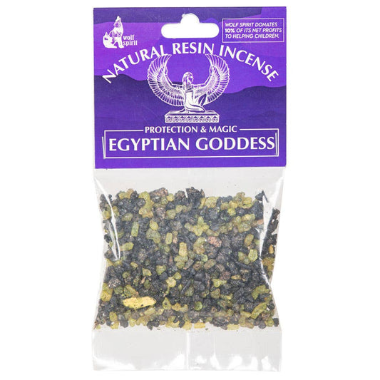 Packaged natural resin incense labeled 'Egyptian Goddess' with a purple label on a white background.