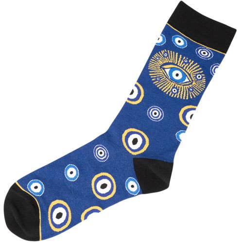 Blue sock with eye pattern on a white background