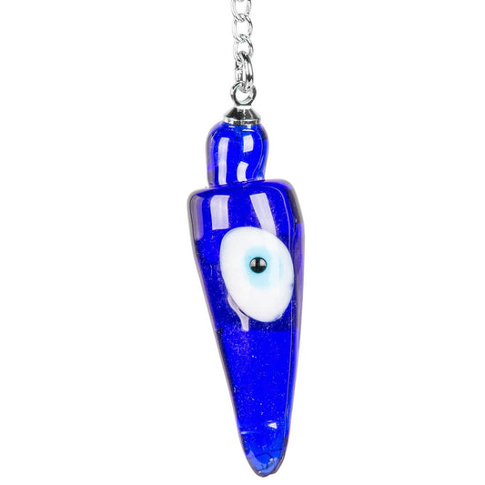 Blue glass pendant with an eye design on a white background
