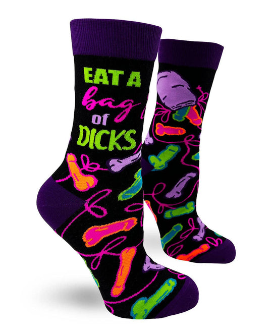 Colorful socks with graphic designs and text on a white background