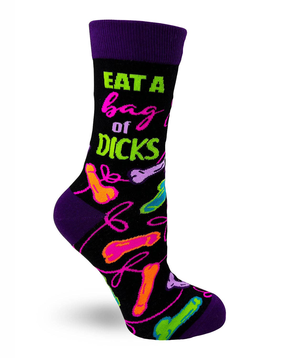 Sock with colorful text and graphics on a black background