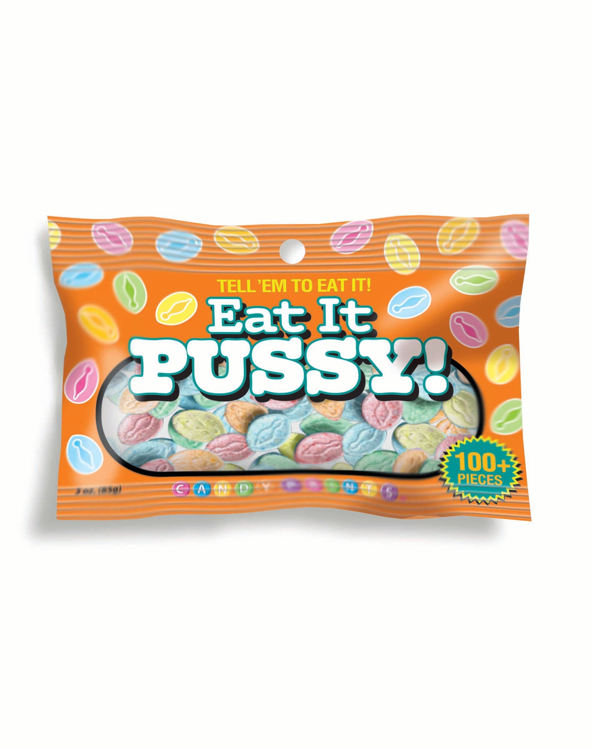 Packaged candy with colorful design and text on an orange background