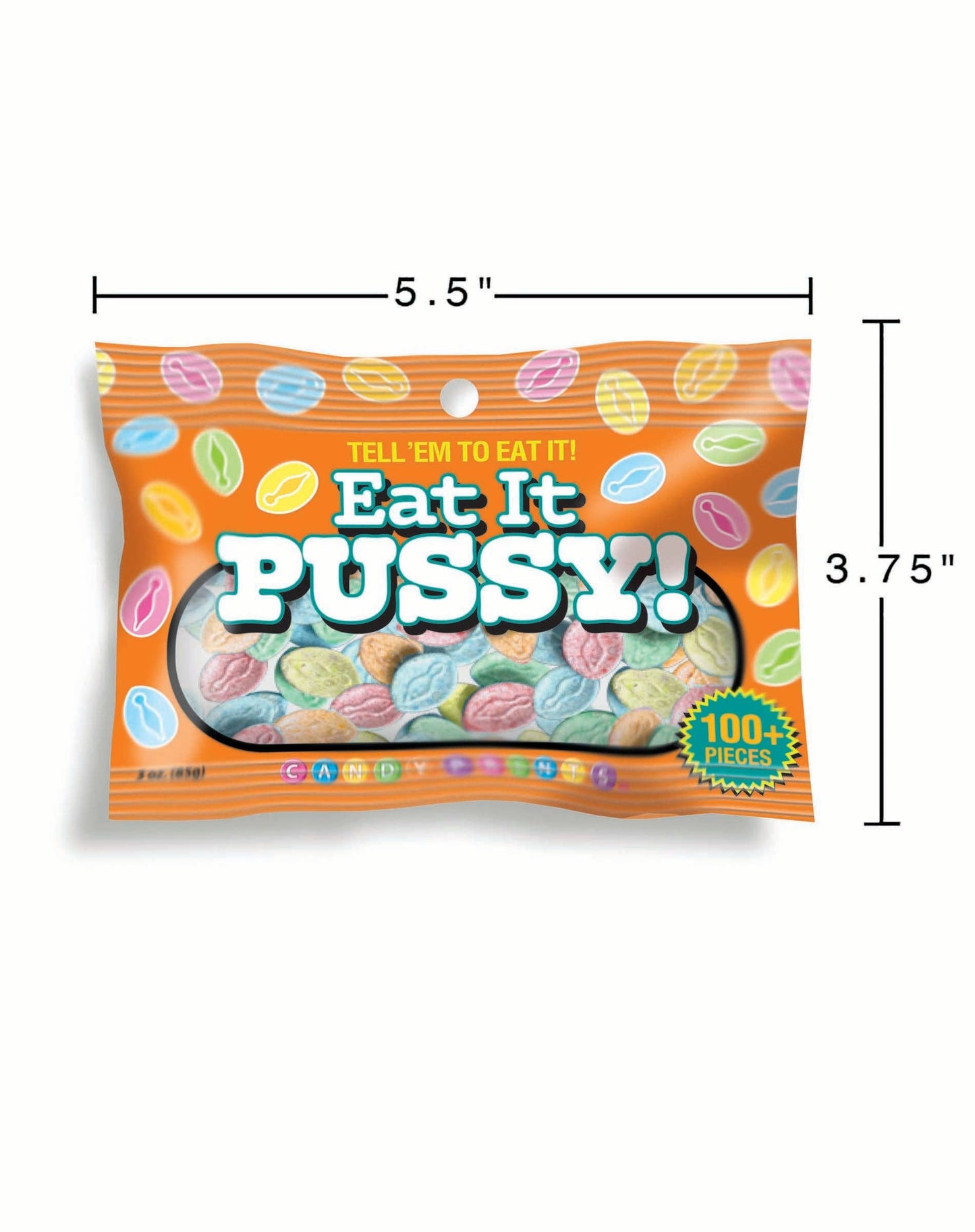 Colorful candy package with text and dimensions on a white background