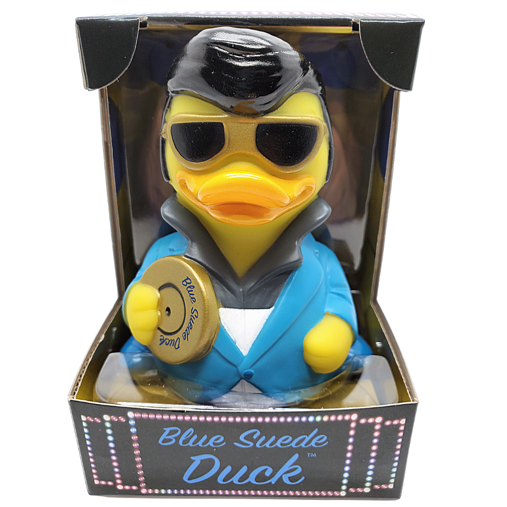 Toy duck in a blue suit with sunglasses and a drum, branded 'Blue Suede Duck', in packaging.