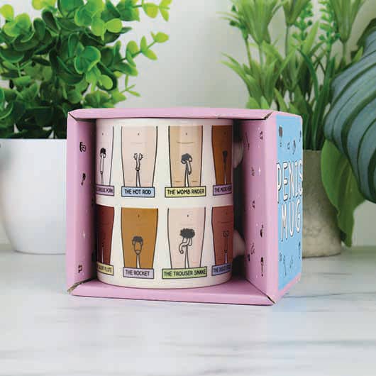 Pencil mug with illustrations in a pink box, surrounded by plants on a light surface.
