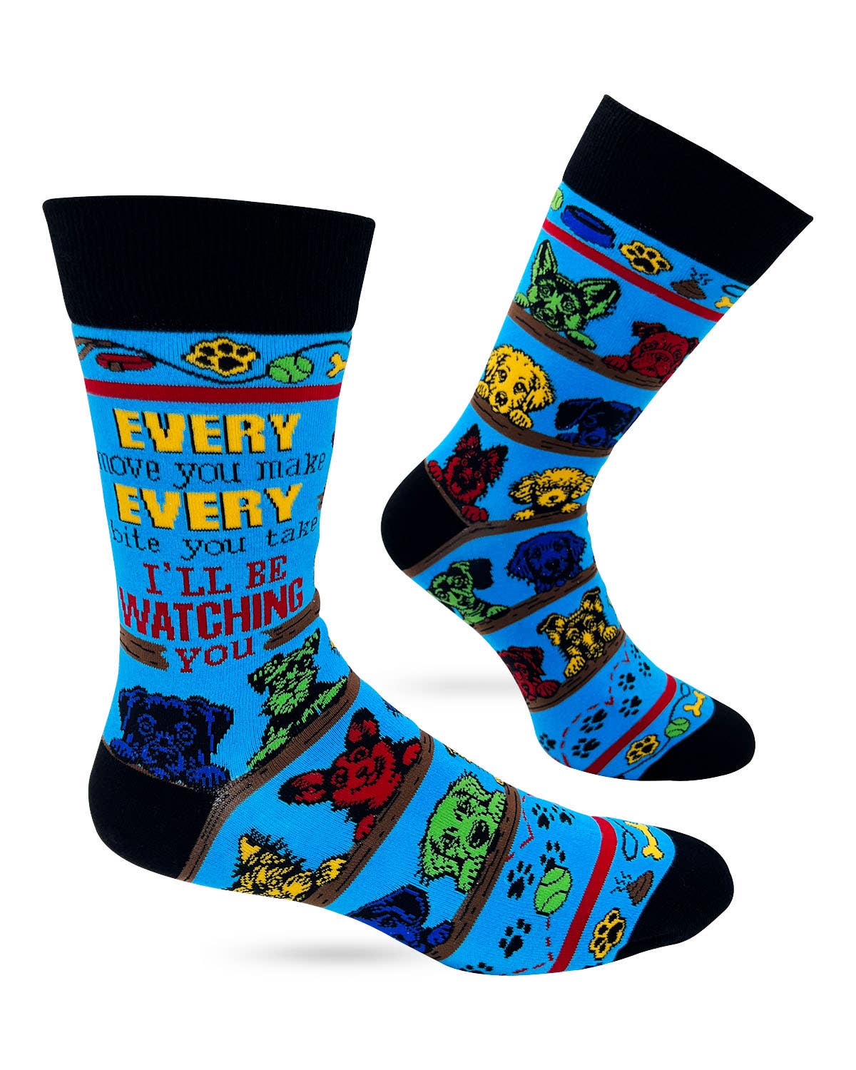 Colorful socks with cartoon dogs and text on a blue background