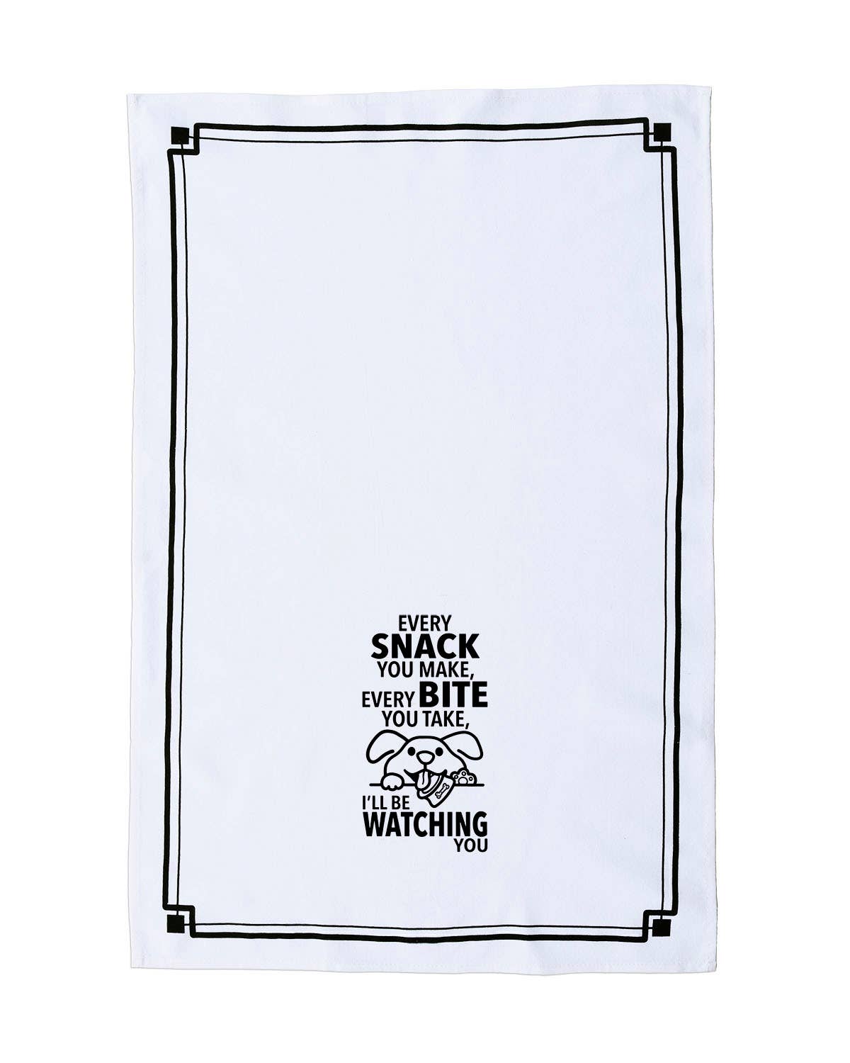 White towel with black text and graphic design on a white background