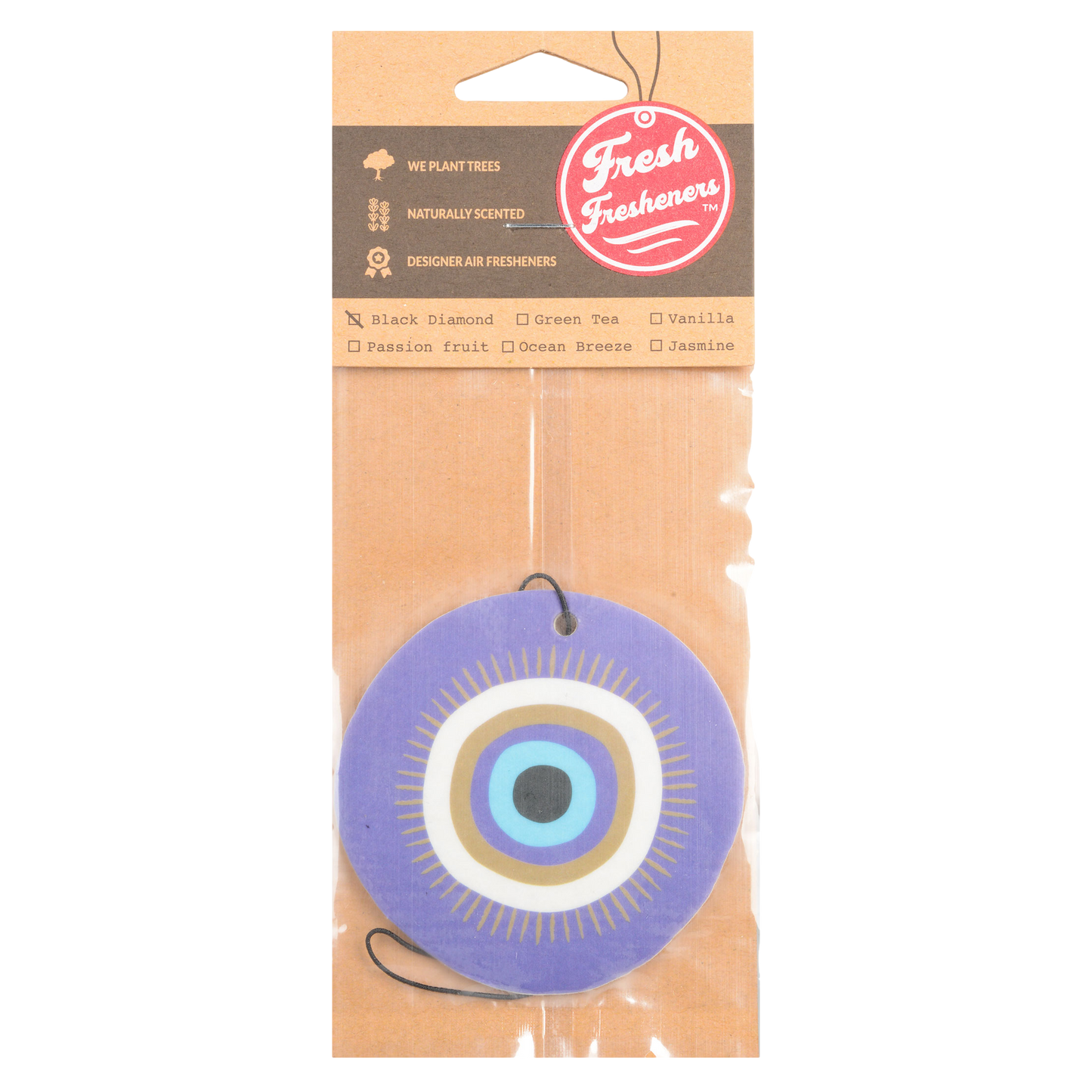 Purple circular air freshener with a white center in a 'Fresh Fresheners' packaging on a white background