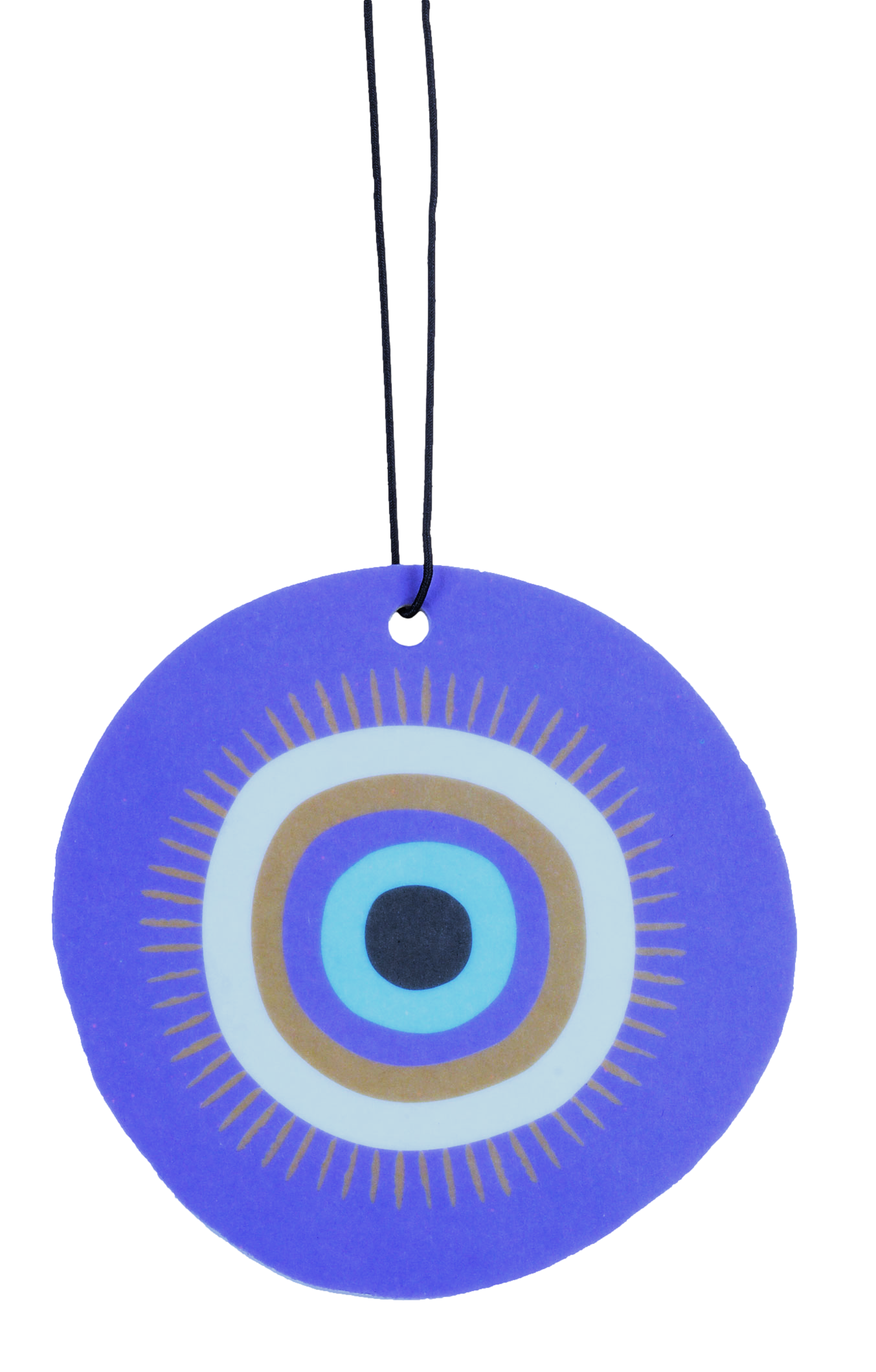 Round purple pendant with concentric circles on a white background