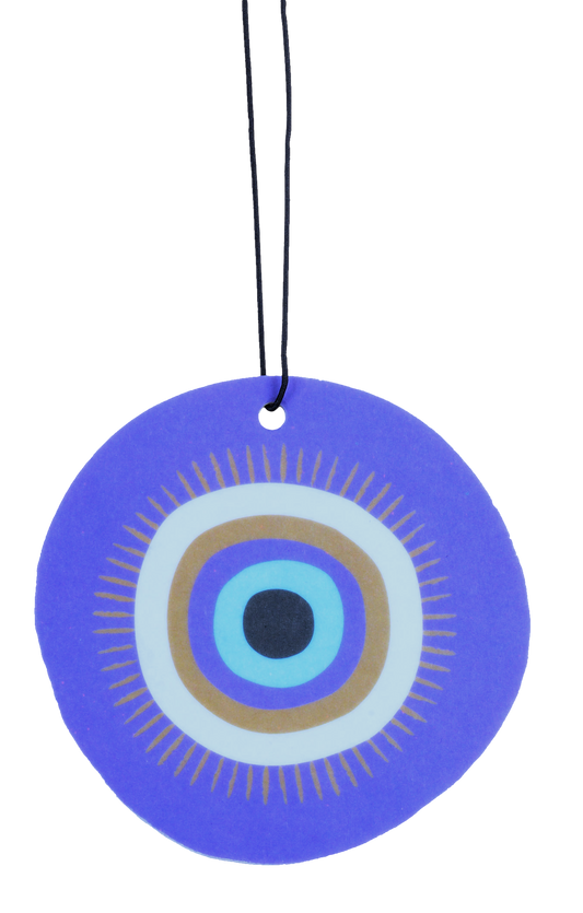 Round purple pendant with concentric circles on a white background