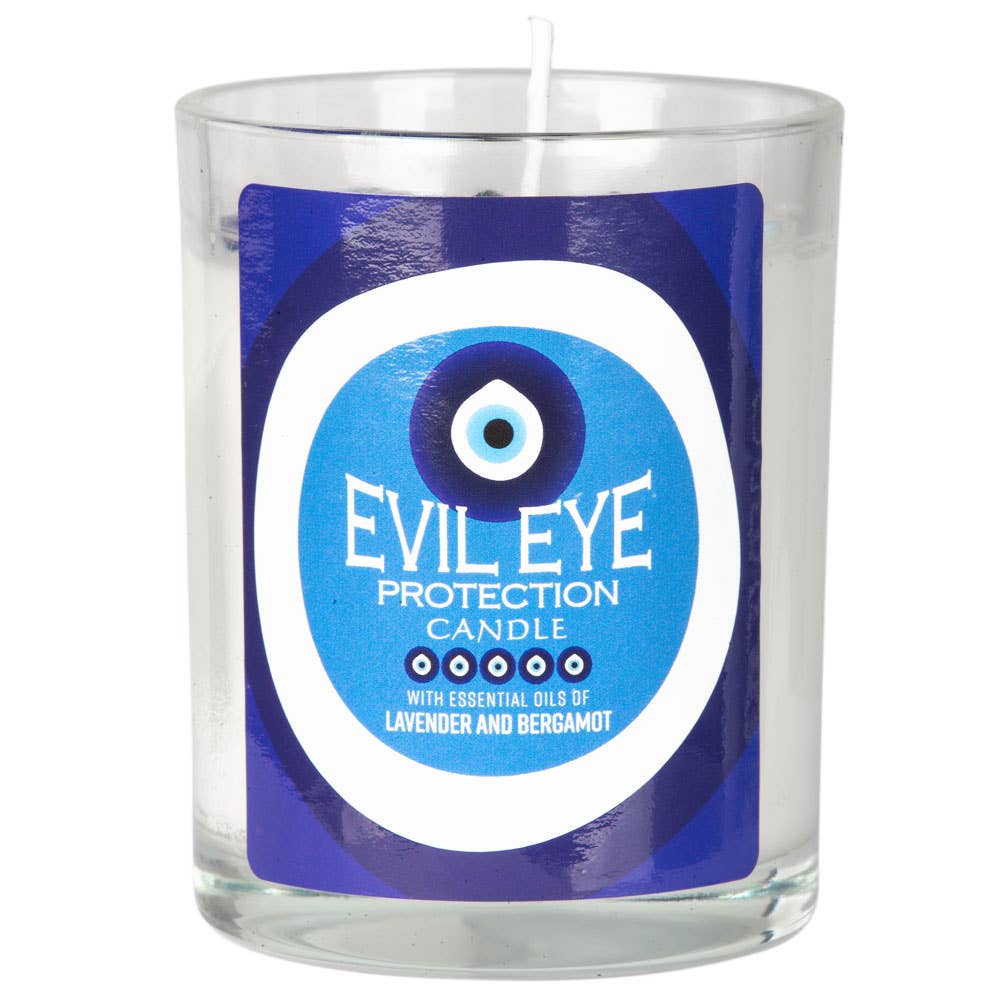 Evil Eye protection candle with a blue label on a white background