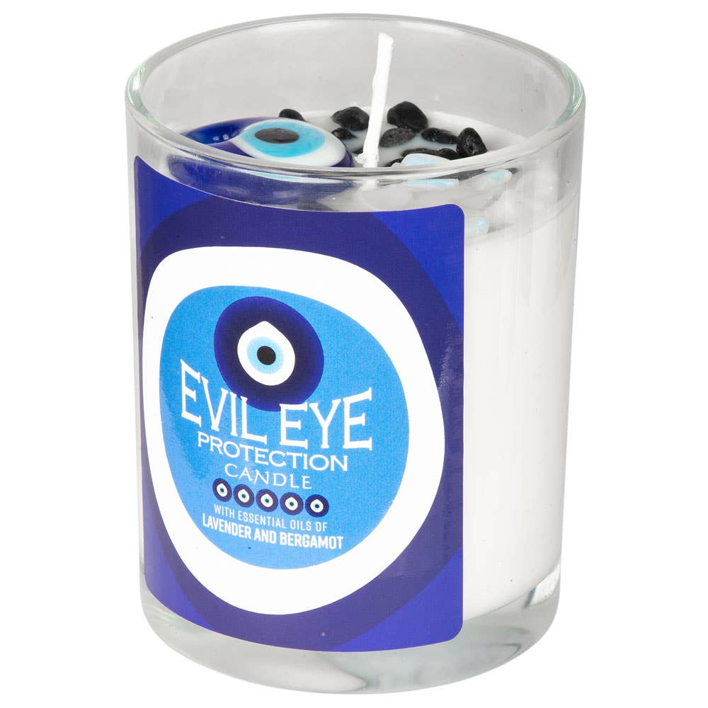 Candle with 'Evil Eye Protection' label on a white background