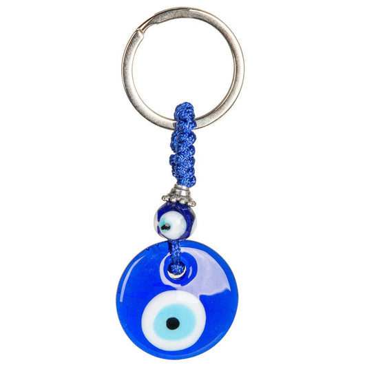 Blue evil eye keychain with a silver ring on a white background