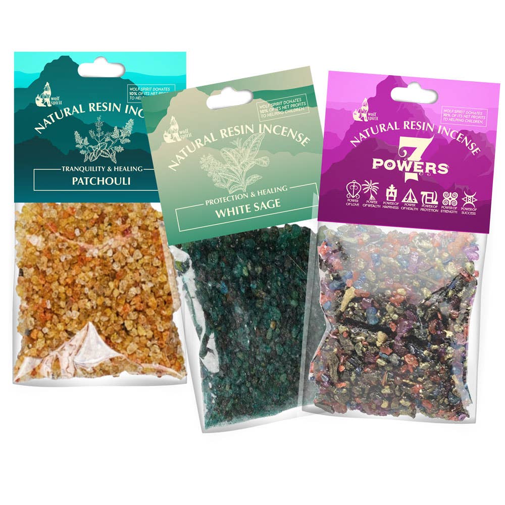 Three packages of natural resin incense with different scents and colors on a white background.