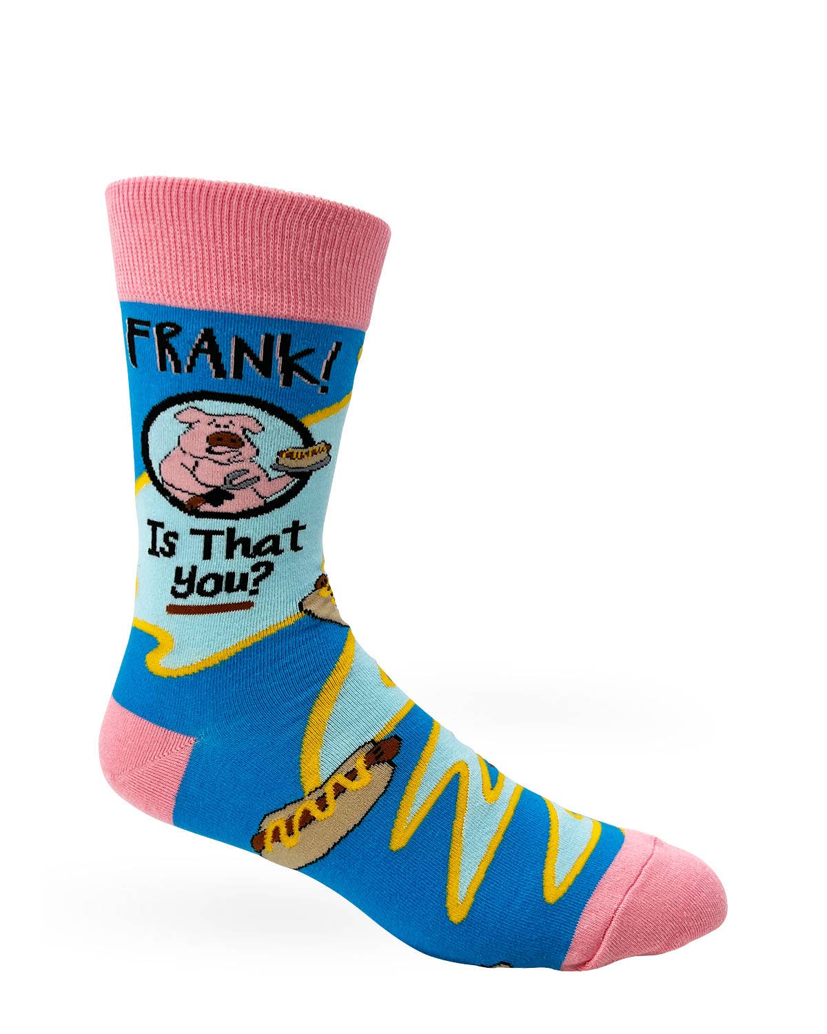 Sock with cartoon pig and text 'FRANK! Is That You?' on a white background