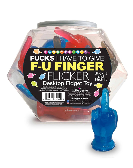 F-U Finger Flicker desktop fidget toy in a clear container with a blue toy outside.