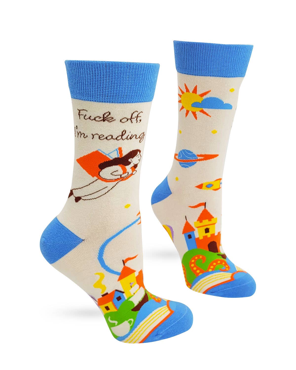 Colorful socks with cartoon designs and text on a white background