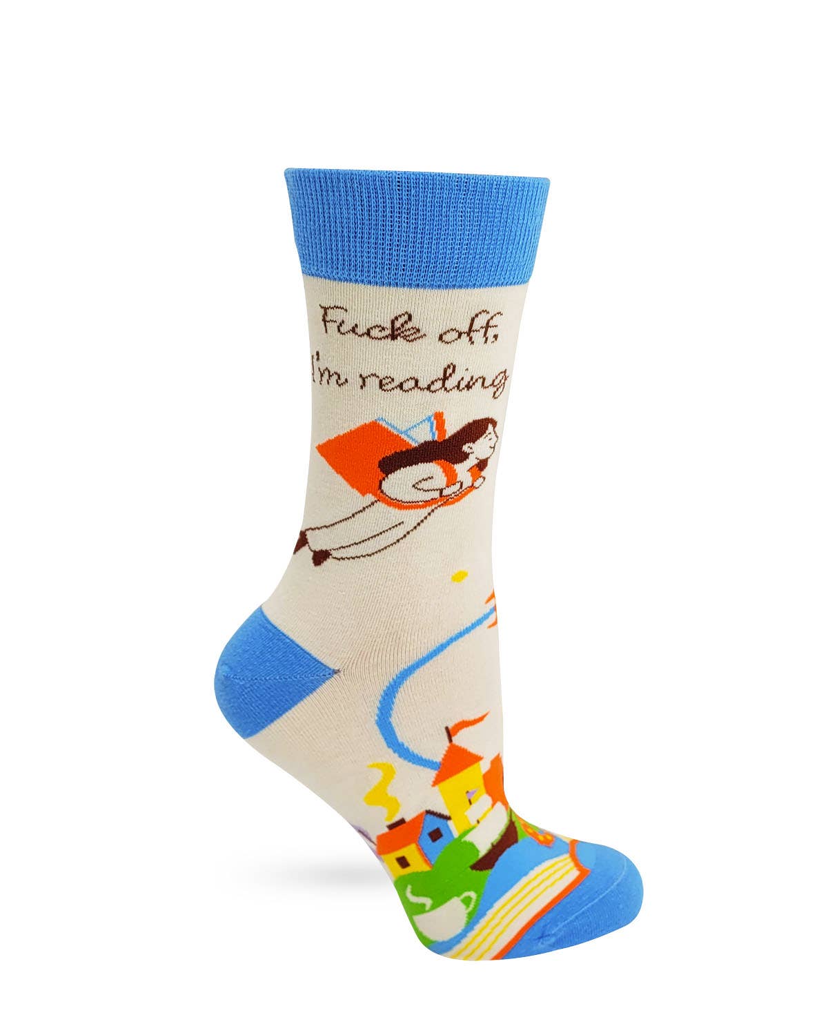 Sock with cartoon design and text on a white background