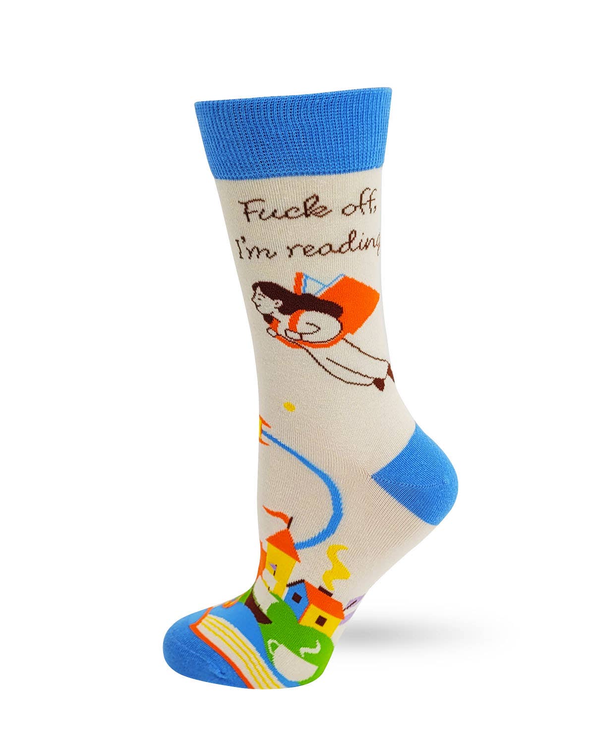 Sock with a graphic design and text on a white background