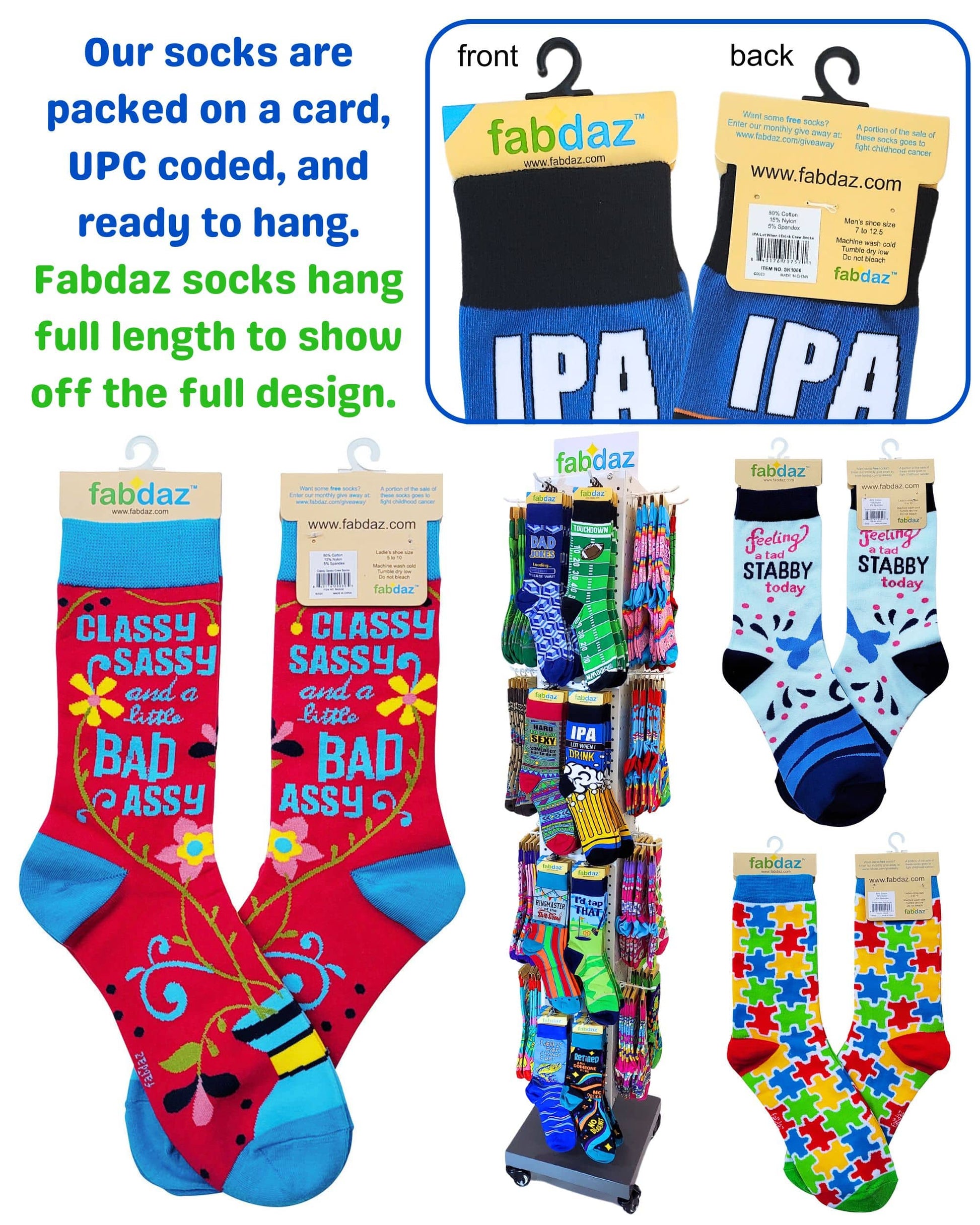 Colorful socks with various designs and text, displayed with packaging and hanging on a card.