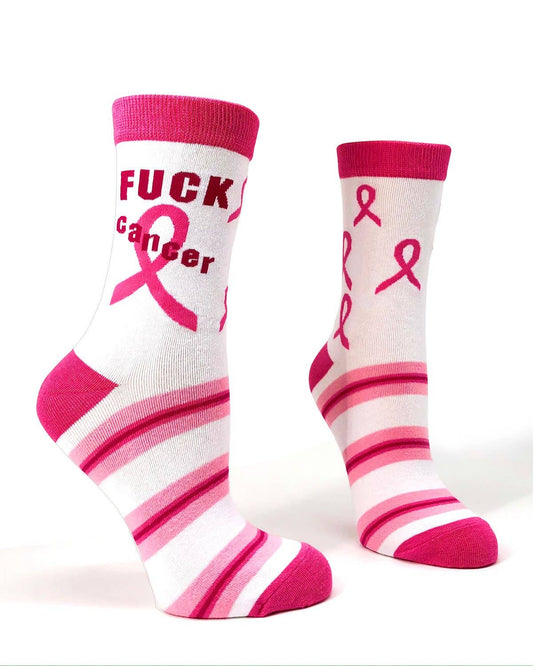 Pink and white striped socks with breast cancer awareness ribbons and text on a white background